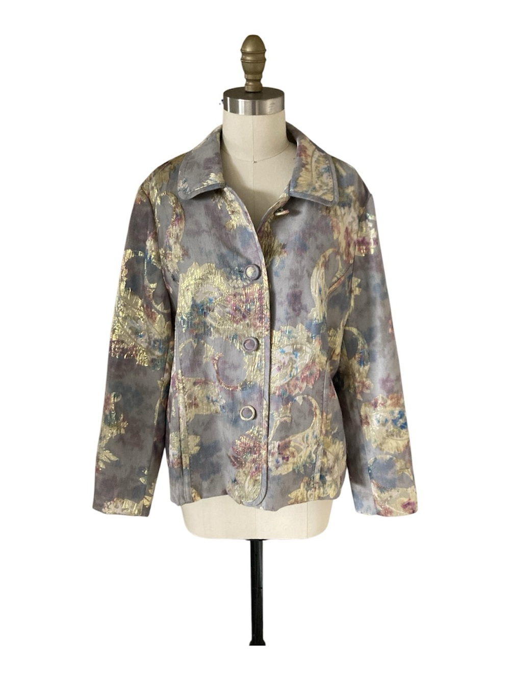 Chico's Metallic Floral Brocade Button Font Jacket - Gray & Gold